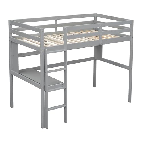 PVWIIK Twin Size Loft Bed with Shelves and Desk,Solid Wood Loft Bed Frame w/Safety Guardrail and Ladder,Space Saving Design, No Box Spring Needed, Grey PVWIIK