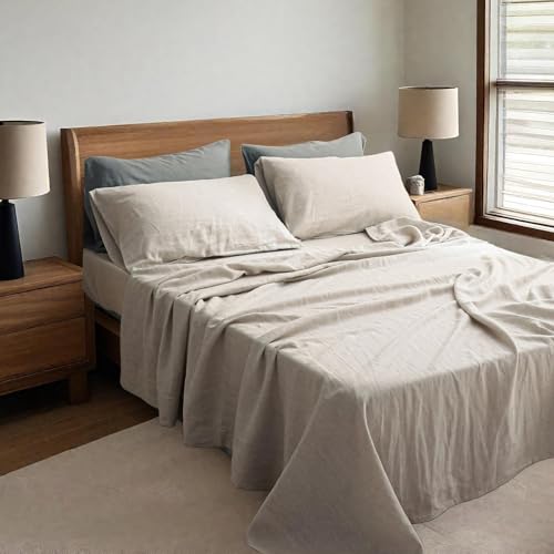 Simple&Opulence 100% Linen Sheets Full Size Set, 4 Pcs Natural French Linen Bed Sheets, Breathable Soft Durable Bedding Set for All Season (Linen, Full) Simple&Opulence