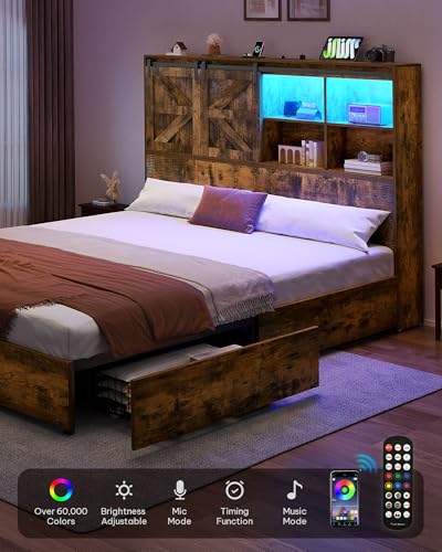 DWVO Farmhouse Queen Size Bed Frame with Storage Bookcase Headboard, Sliding Barn Door, 4 Storage Drawers, RGB LED Bed Frame with USB Charging Station, No Box Spring Needed, Rustic Brown - WoodArtSupply