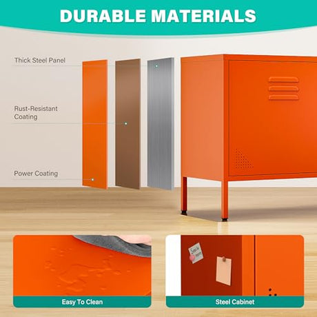 SISESOL Orange Metal Storage Cabinet with Doors and Shelves,2 Door Wide Metal Locker Accent Storage Cabinet with Leg & Vent Hole,Wide TV Cabinets,Low Side Cupboard for Home,Office,Dining/Living Room SISESOL