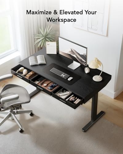 HUANUO Electric Standing Desk with Drawers, C-Clamp Mount Compatible, 48 x 24 Inch Height Adjustable Sit Stand Desk, Fabric Drawers, Home Office Stand Up Desk with 4 Custom Height Settings, Black HUANUO