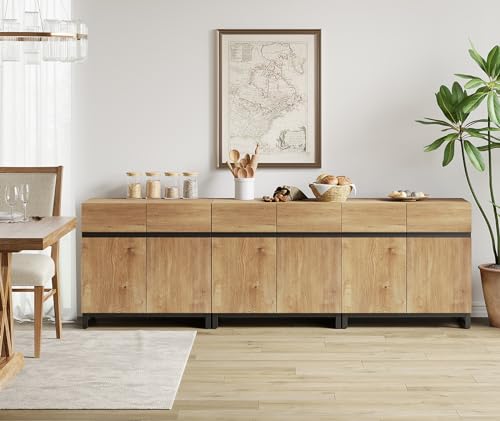 WAMPAT 3 in 1 Multifunctional Sideboard Buffet Cabinets, Modern Sideboard with Adjustable Shelf and Metal Base, Coffee Bar Cabinet Storage Cabinet for Living Room, Kitchen,Oak WAMPAT