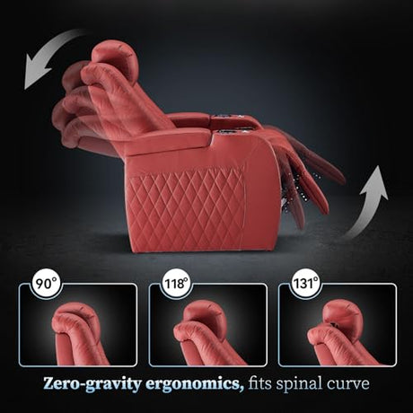 PBRO Home Theater Seating Genuine Leather Recliner Chair, Power Reclining & Headrest, USB A/C Charging Ports, Tray Table, Cup Holder Ambient Lighting Red Row of 1 PBRO