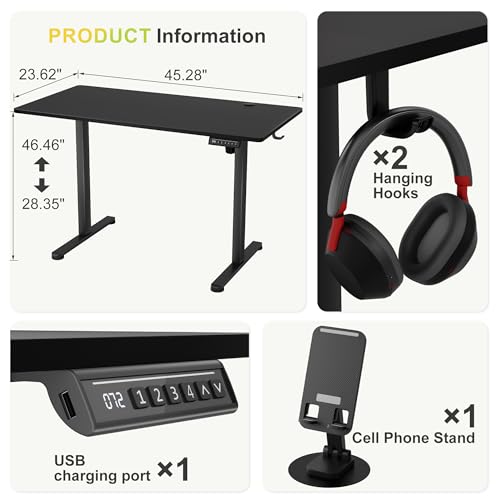 Furmax Electric Standing Desk, 45 x 24 Inches Sit Stand up Desk, Sit Stand Height Adjustable Home Office Desk with 4 Height Position Memory - with Splice Board (Black, 45) Furmax