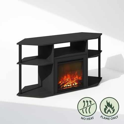 Furinno Jensen Fireplace TV Stand, NO Heat Decorative Electric Fireplace Corner Open Shelf TV Stand for TV up to 55 Inch, for Living Room, Dark Americano Furinno