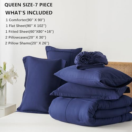 Yogeneg Queen Comforter Set 7 Piece Bed in a Bag,Grid Pinch Pleat Navy Blue Bedding Set,Striped Textured Soft Microfiber Comforter with Sheet Set,All Season Complete Bed Set(Navy Blue,Queen) Yogeneg