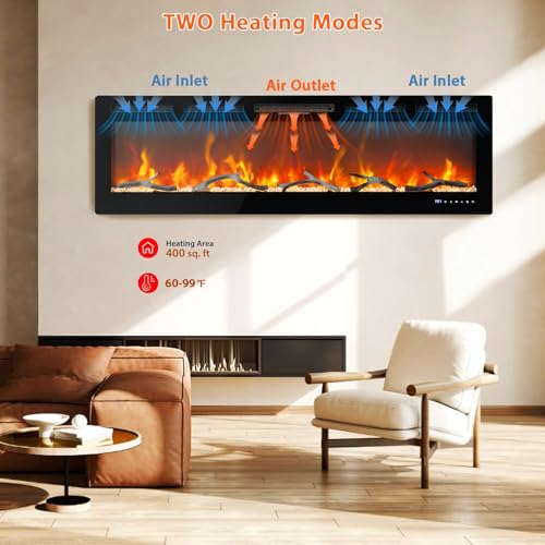 60 in Electric Fireplace, Recessed/Wall Mounted Linear Fireplace with WiFi & Remote Control, Multicolor Flame Effect, 750W/1500W Heating, Includes Log & Crystal Decor, Black Garvee