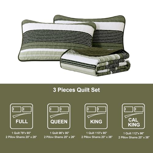 Quilt Set Queen Size Sage Green Striped Bedding Set 3 Piece Lightweight Bedspreads Coverlets Set Soft Microfiber Summer Striped Quilts With 2 Pillowcases All Season Patchwork Comforter Set 96"×90" Djoymock