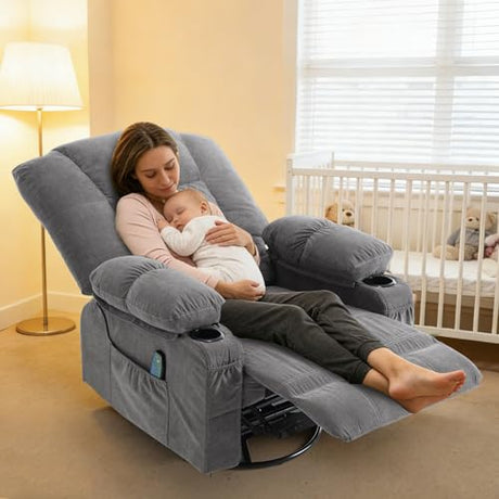 Overstuffed Fabric Swivel Rocker Recliner with Massage and Heat,360° Recliner Chair Rocking Glider Chair with Cup Holder for Adult,Grey Comermax