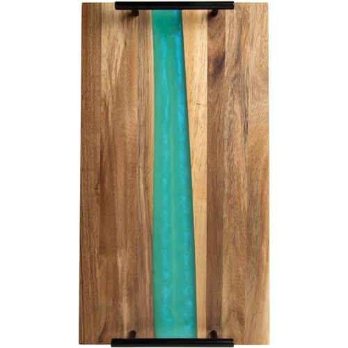 Visually Stunning Celeste Blue Resin + Acacia Wood Serving Board with Handles - 16x19 Serving Tray for Food, Breakfast in Bed, Coffee Table, Decor, Skincare Organization, Snacks, Patio, BBQ, Lap Tray Comfify