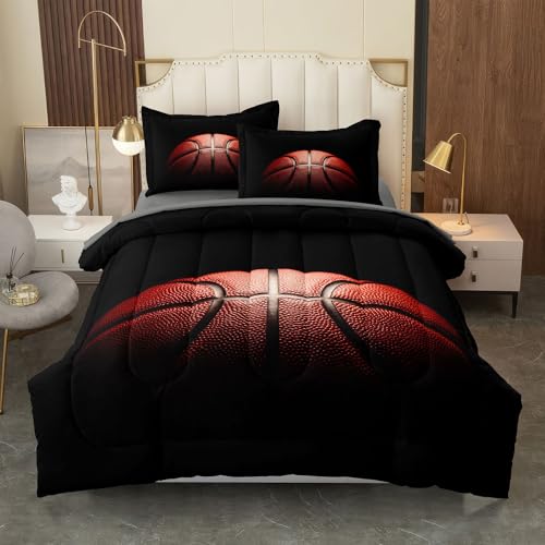 Leaflin Teenage Boy Bedding Sets Full Size 5 Pieces Basketball Comforter Set for Boys Bed in a Bag Set, Basketball Bedding Full, Red Black Leaflin
