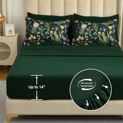 Yiran King Size Comforter Set 7 Piece, Dark Green Floral Bedding Set, Bed in a Bag King with Botanical Flowers Pattern, Soft Microfiber Complete Bedding Set with Sheets for All Season Yiran