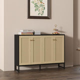 Panana Sideboard Accent Storage Cabinet with Rattan Decorated 4 Doors Dining Room Freestanding Kitchen Buffet Table Cupboard (Black) Panana