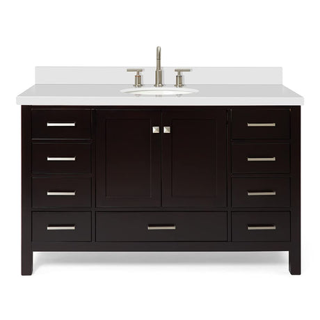 ARIEL Bathroom Vanity 55" Inch with Pure White Quartz Countertop and Oval Sink in Espresso, 2 Soft Closing Doors, 9 Full Extension Dovetail Drawers, with Backsplash, No Mirror ARIEL