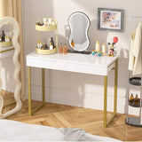 GreenForest Vanity Desk with 2 Drawers,39 inch White Desk with Glossy Desktop Easy Clean,Makeup Dressing Table with Metal Gold Legs for Home Office Small Spaces,Bedroom GreenForest