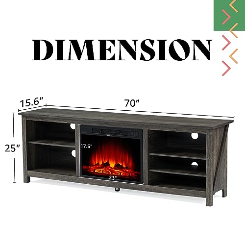 AMERLIFE Fireplace TV Stand, Wood Texture Entertainment Center with 23" Electric Fireplace, Farmhouse Entertainment Stand Media TV Console for TVs Up to 80", 70 inches, Rustic Grey