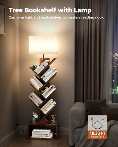 Evermagin Rustic Brown 6-Tier Tree Bookshelf with Adjustable Light – Stylish Book Organizer for Home & Office Evermagin