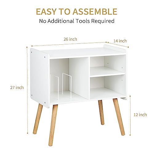 Possile Mid-Century Record Player Stand, Vinyl Record Cabinet Holder with Storage Up to 100 Albums, Record Player Table for Living Room Bedroom Office, Turntable Stand with Wood Legs, White Possile