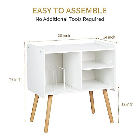 Possile Mid-Century Record Player Stand, Vinyl Record Cabinet Holder with Storage Up to 100 Albums, Record Player Table for Living Room Bedroom Office, Turntable Stand with Wood Legs, White Possile
