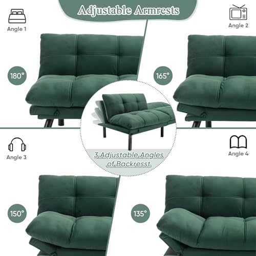 Convertible Velvet Futon Sofa Bed, Comfy 72" L Sleeper Couch with Thicker Cushion, Upholstered Modern Reclining Loveseat Folding Sofa for Small Living Room, Dorm, Apartment, Office, Emerald Antetek