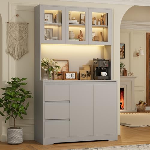 Finetones 71" Modern Grey Kitchen Pantry Cabinet with LED Lighting and Charging Station - WoodArtSupply