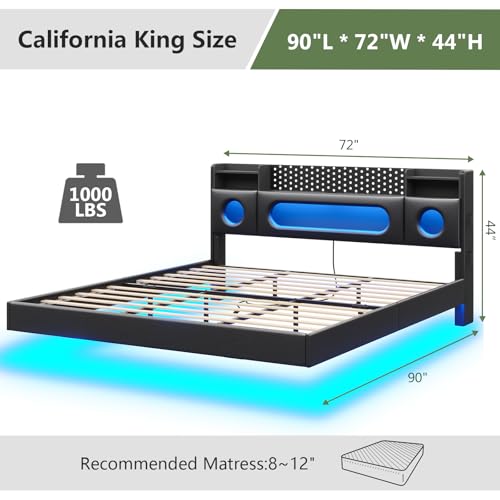 Dnxao California King Bed Frames with Hidden Storage Headboard, Modern Floating Bed Frame with LED Lights & Charging Station (USB-C), Recessed Non-Slip Platform Bed No Box Spring Needed, PU Black Dnxao
