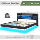 Dnxao California King Bed Frames with Hidden Storage Headboard, Modern Floating Bed Frame with LED Lights & Charging Station (USB-C), Recessed Non-Slip Platform Bed No Box Spring Needed, PU Black Dnxao