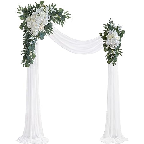 Olalaka White Artificial Wedding Arch Flowers Kit (Pack of 3) with 26Ft White Shiny Arch Draping Fabric for DIY Wedding Party Ceremony Reception Backdrop Floral Decoration Olalaka