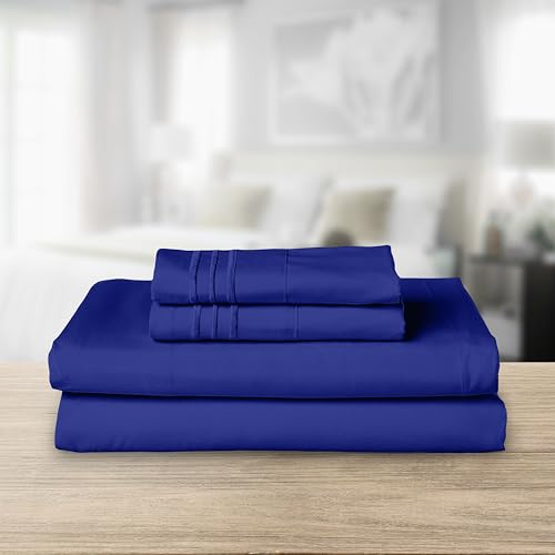 Elegant Comfort Luxurious 1500 Premium Hotel Quality Microfiber Three Line Embroidered Softest 4-Piece Bed Sheet Set, Wrinkle and Fade Resistant, Twin/Twin XL, Royal Blue Elegant Comfort