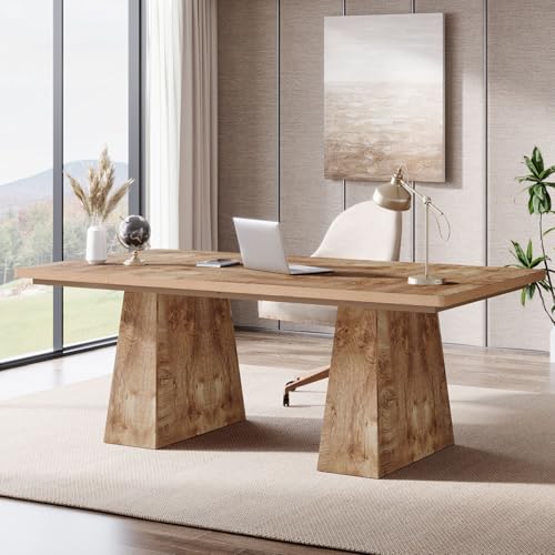 Tribesigns 63-Inch Executive Desk, Large Office Computer Desk with Double Pedestal, Modern Simple Workstations Writing Table Conference Table Business Furniture for Home Office, Natural Tribesigns