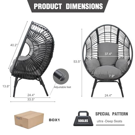 TQKVIPI 2 pcs Oversized Wicker Egg Chair Outdoor Indoor - Rattan Patio Egg Lounge Chairs with Cushion 500lbs Capacity for Living Room, Balcony, Backyard TQKVIPI