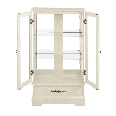 JIJIWANG Curio Cabinet with Adjustable Glass Shelves, Mirrored Back Panel & Tempered Glass Doors&Drawer,Wooden Display Cabinet for Living Room, Hallway,Light Bulb Included,White JIJIWANG