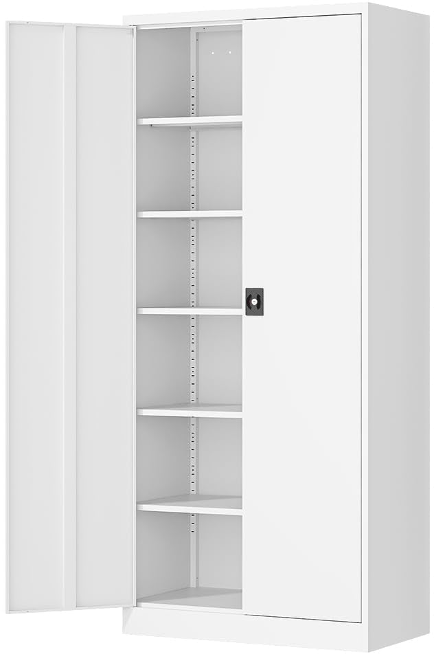 Fesbos Metal Storage Cabinet-71” Tall Steel File Cabinets with Lockable Doors and Adjustable Shelves-White Steel Storage Cabinet for Home,Kitchen, School, Office, Garage - WoodArtSupply