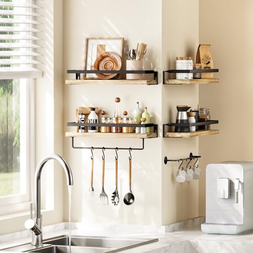 AMADA HOMEFURNISHING Bathroom Shelves with Towel Bar, Floating Shelves, Wall Shelves for Bathroom/Living Room/Kitchen/Bedroom, Light Brown Shelves Set of 2 - AMFS01 AMADA HOMEFURNISHING