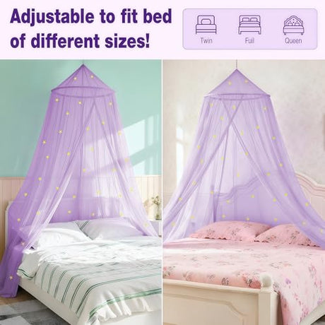LionLively Purple Bed Canopy for Girls with Glow-in-The-Dark Stars, Princess Canopy Curtains Fits Single, Twin, Full, Queen Size Bed, Bedroom Accessories, Ceiling Tent LionLively