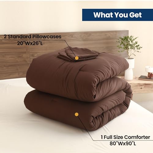 Paxrac Earthy Brown Comforter Full Size, Neutral 3 Pieces Comforter Set, Lightweight Solid Bedding Set, All Seasons Soft Fluffy Full Comforter Set (80x90In Comforter & 2 Pillowcases) Paxrac