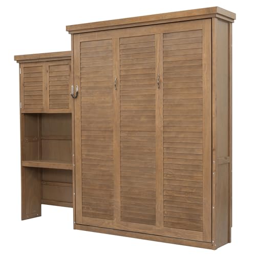Merax Queen Size Murphy Bed with Multiple Storage Shelves,Wall Bed with Louvered Style Decoration,Wood Merax