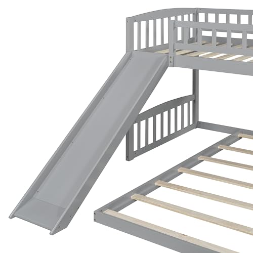 LZ LEISURE ZONE Twin Over Twin Bunk Bed, Wood Bunk Bed with Slide and Ladder, Gray LZ LEISURE ZONE