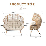 LUTINLIX Double Egg Chair with Cup Holder Outdoor Indoor,2 Person Oversized Wicker Lounge Egg Chair with 8” Thicken Cushions & Rain Cover 700lbs for Patio Balcony Porch Living Room