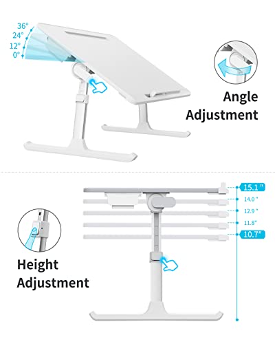 Laptop Bed Tray Table, SAIJI Adjustable Bed Desk for Laptop, Foldable Laptop Stand with Storage Drawer for Eating, Working, Writing, Gaming, Drawing (White, X-Large) SAIJI