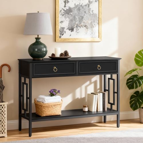 MAHANCRIS Console Table with 2 Drawers, Entryway Table with Storage Shelf, Entrance Accent Tables, 2-Tier Narrow Hallway Table, Behind Couch Table, for Entryway, Living Room, Hallway, Black CTBK6101 MAHANCRIS