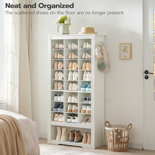 HOOBRO Shoe Cabinet, 8-Tier Heavy Duty Shoe Storage Cabinet, Freestanding Shoe Rack with 24 Cubbies and 3 Hooks, for Entryway, Closet, Living Room, White WT24SC01 - WoodArtSupply