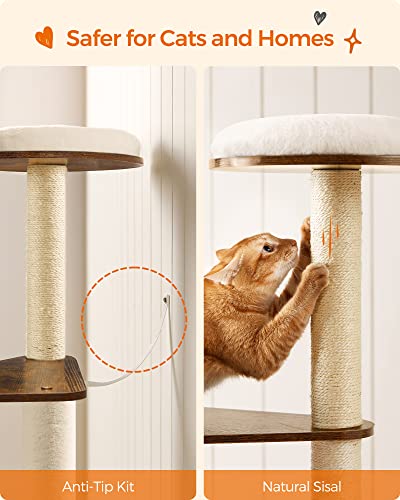 Feandrea WoodyWonders Cat Tree, 65-Inch Modern Cat Tower for Indoor Cats, Multi-Level Cat Condo with 5 Scratching Posts, Perch, Washable Removable Cushions, Cat Furniture, Rustic Brown UPCT166X01 Feandrea