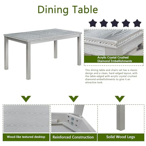 KEIKI 6-Piece Standard Height Dining Table Set with Rectangular Table, 4 Upholstered Chair, Bench, for 6 Person, Crystal Decoration Table Set, Easy Assembly, for Kitchen, Dining Room, Silver Grey KEIKI