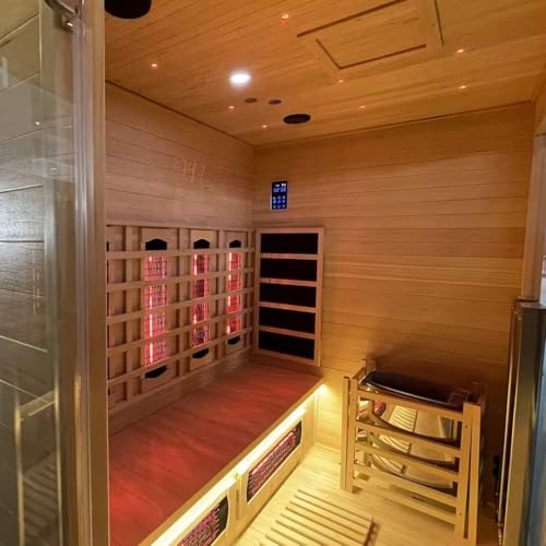 ZONEMEL Indoor Luxury Sauna – Dual Dry & Wet System, Canadian Red Cedar, Infrared Carbon Heating, 4-5 Person, 220V, 6KW Harvia Stove, 10 Heaters, WiFi Control, LED Ambient Lights, 71″W × 59″D × 74.8″H ZONEMEL