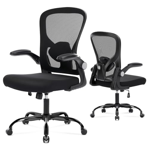 shipborne Ergonomic Office Chair, Computer Desk Chair with Adjustable Lumbar Support, Breathable Mesh Office Chair with Flip-up Armrests, Rocking Function, Comfy Home Office Desk Chair, Black shipborne