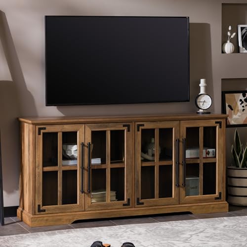 Walker Edison Farmhouse Barn Glass Door Wood Universal TV Stand for TV's up to 64" Flat Screen Living Room Storage Cabinet Doors and Shelves Walker Edison