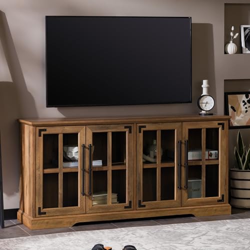 Walker Edison Farmhouse Barn Glass Door Wood Universal TV Stand for TV's up to 64" Flat Screen Living Room Storage Cabinet Doors and Shelves - WoodArtSupply