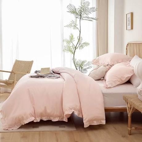 JANZAA Full Size Comforter Pink Comforter Set 3PCS 1 Ruffled Comforter Set and 2 Pillow Cases Blush Pink Bed Set Vintage Farmhouse Shabby Chic Bedding Soft All Season JANZAA