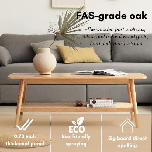 Vadisun Modern Solid Wood Coffee Table - Mid-Century Center Table with Natural Rattan Storage Shelf, 2-Tier Rectangular Coffee Table for Living Room, Cafe, Easy Assembly Vadisun